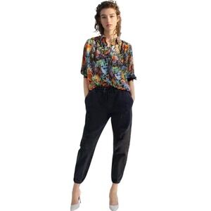 $348 New The Kooples Tokyo Night Floral-Print Lurex Button Up Silk Shirt Small